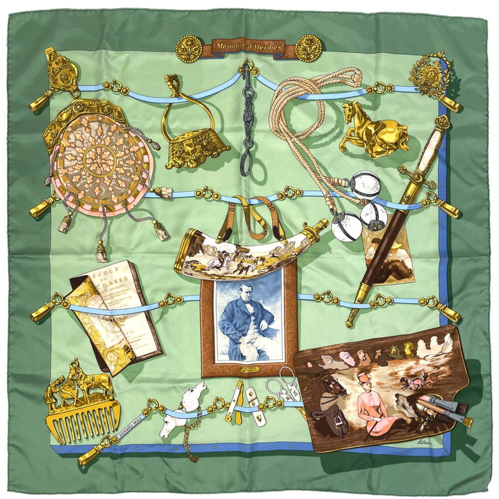 Hermes Carre 90 Memoire d’Hermes Scarf, Silk, Green, Multicolor, Women's